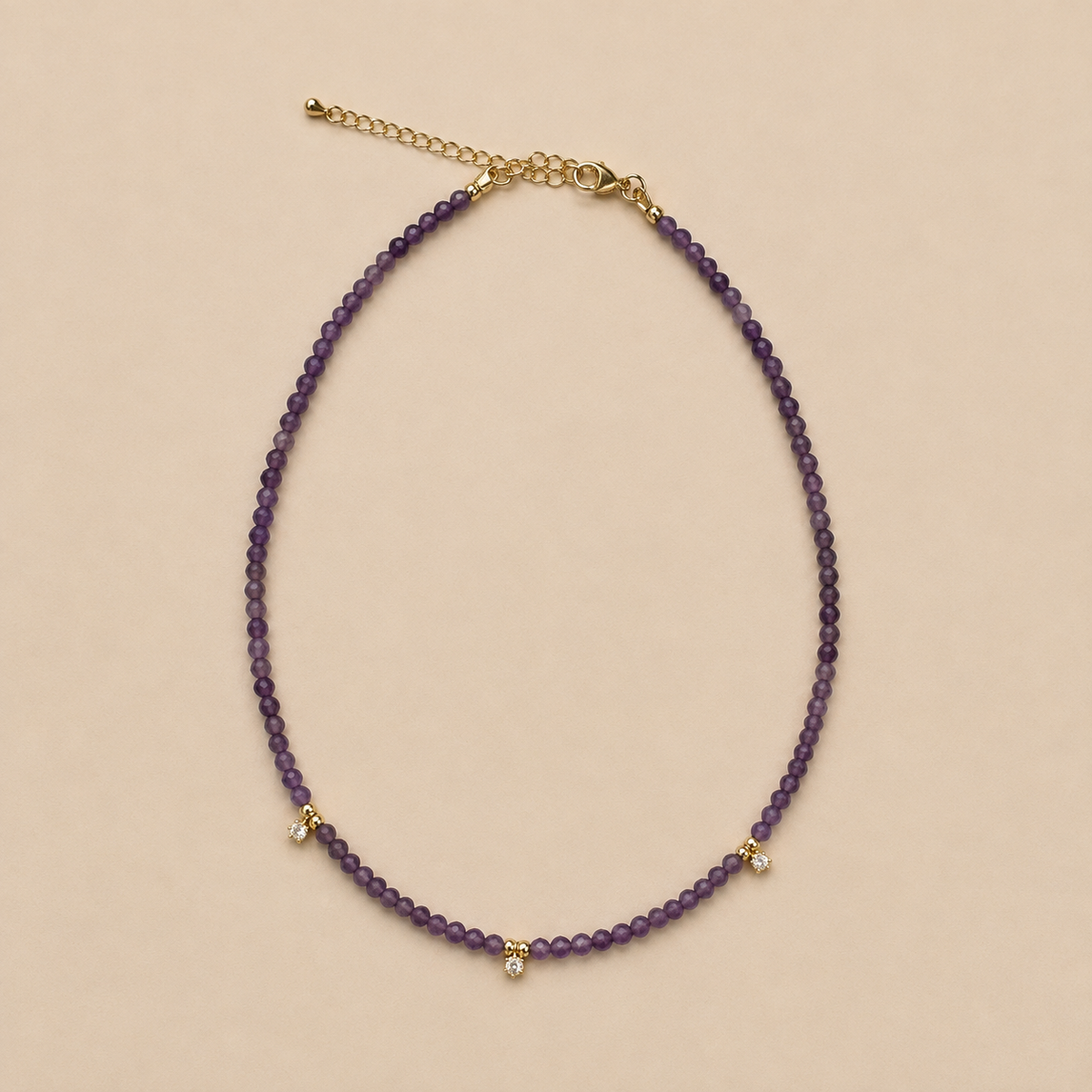 Crystal Bloom purple amethyst beaded necklace with gold and crystal details