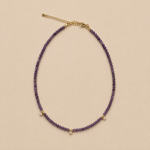 Crystal Bloom purple amethyst beaded necklace with gold and crystal details
