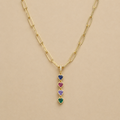 Gold paper clip chain necklace with multicolor crystal heart pendant