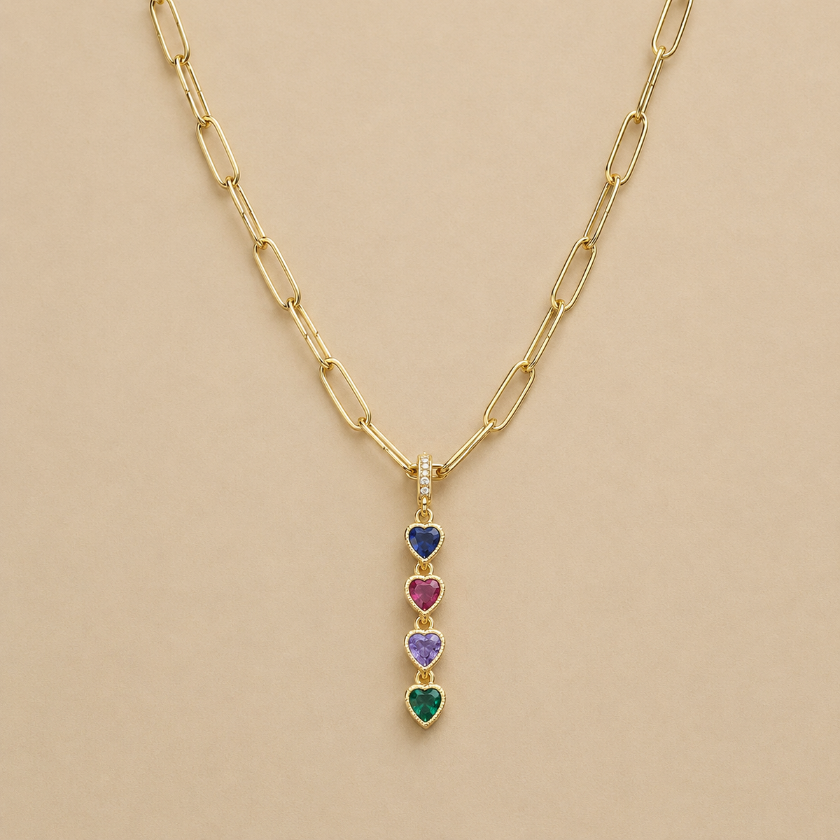 Gold paper clip chain necklace with multicolor crystal heart pendant
