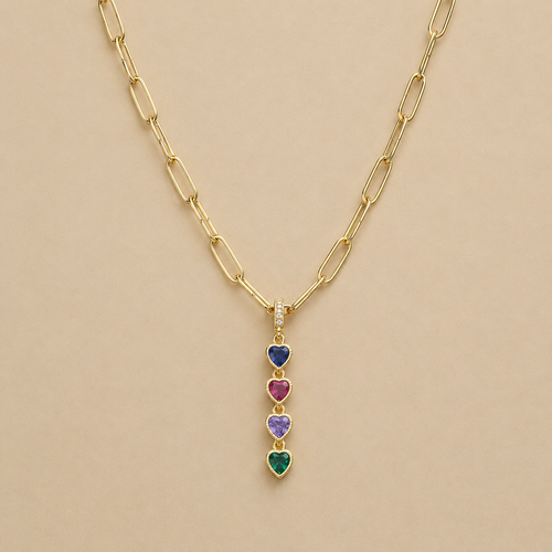 Gold paper clip chain necklace with multicolor crystal heart pendant