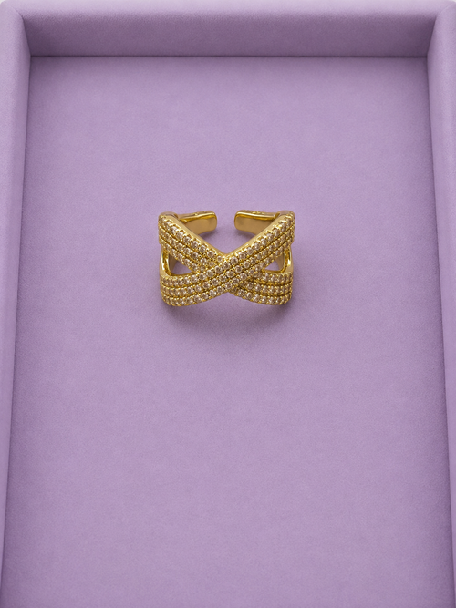 Clear Ring anillo cruzado con cristales bañado en oro 18K
